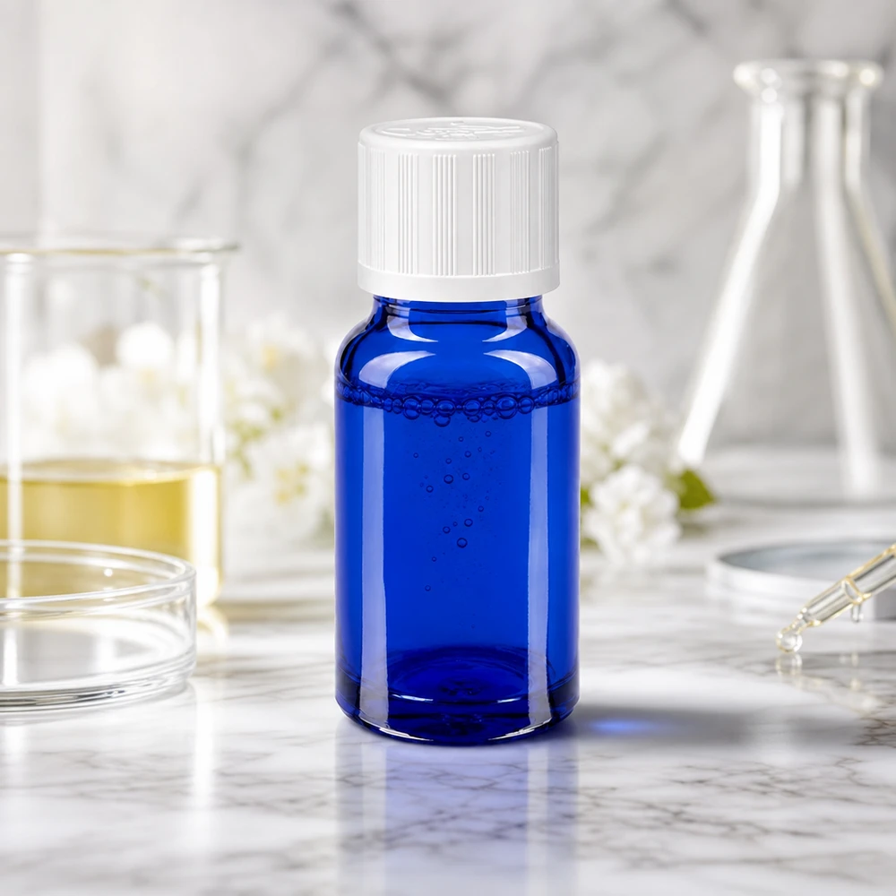 Flacon de pharmacie bleu 10 ml avec bouchon vissable blanc avec sécurité enfant standard Flacon de pharmacie bleu de 10 ml muni d'un bouchon de sécurité pour enfants, dans un laboratoire, entre des fioles Erlenmeyer