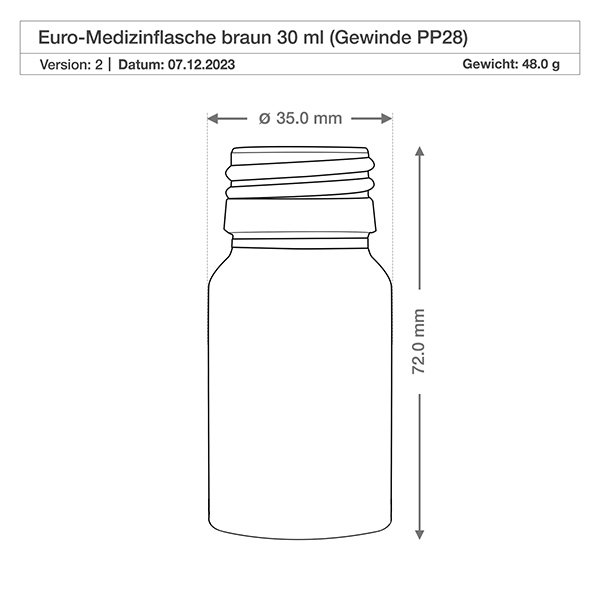 Bouteille en verre ronde de 30 ml de couleur brune avec forme classique de bouteille médicale et col fileté PP28