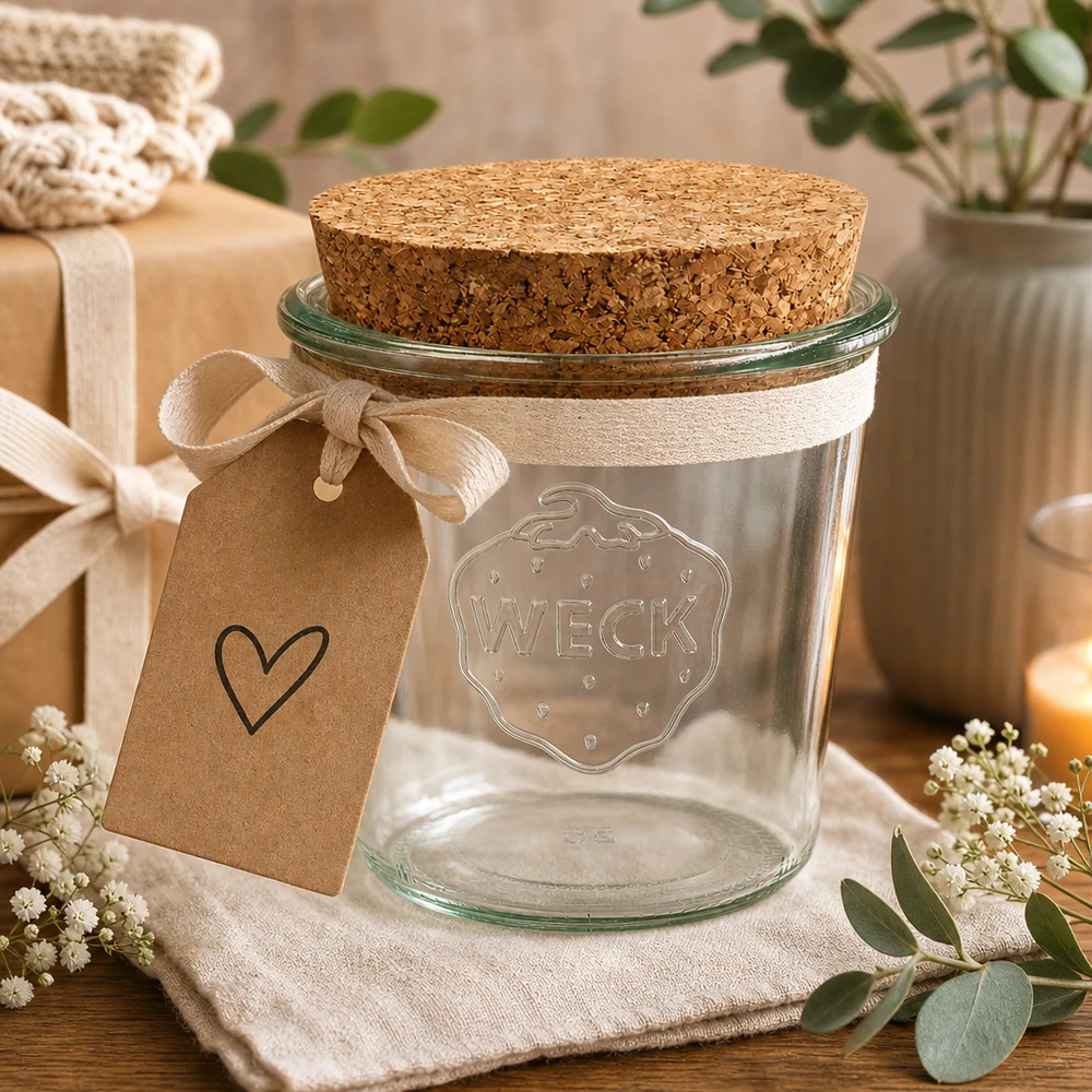 WECK Verre renversé 580ml RR100 comme idée de cadeau avec un pendentif en forme de cœur et un ruban arrangé dans une décoration de table naturelle
