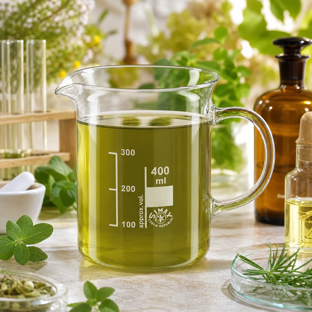 Verre à bec 400 ml avec anse, contenant un extrait d'herbes vertes – Verre borosilicaté – Cosmétiques naturels