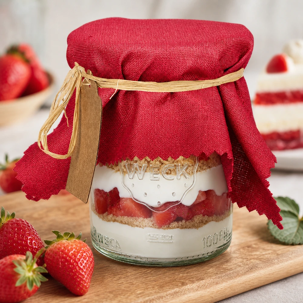 Cache-bijoux en tissu rouge bordeaux de 15 cm sur verre à gâteau stratifié avec fraises fraîches et décoration de la planche en bois
