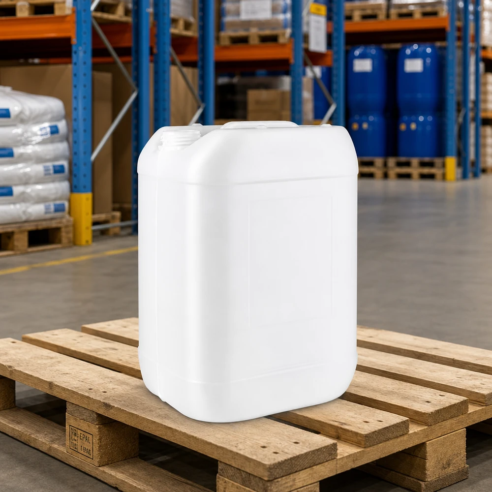Jerrican de 25 litres sans bouchon Bidon robuste de 25 litres sans bouchon, posé sur une palette Europe en entrepôt
