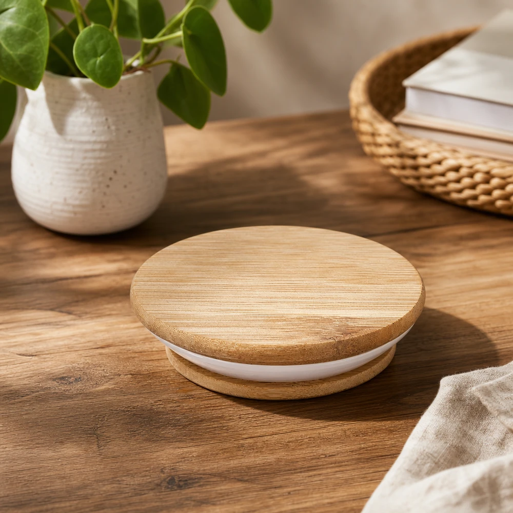 Couvercle en bois WECK RR60 sur table en bois dans une ambiance naturelle avec plante et panier comme photographie de produit Lifestyle