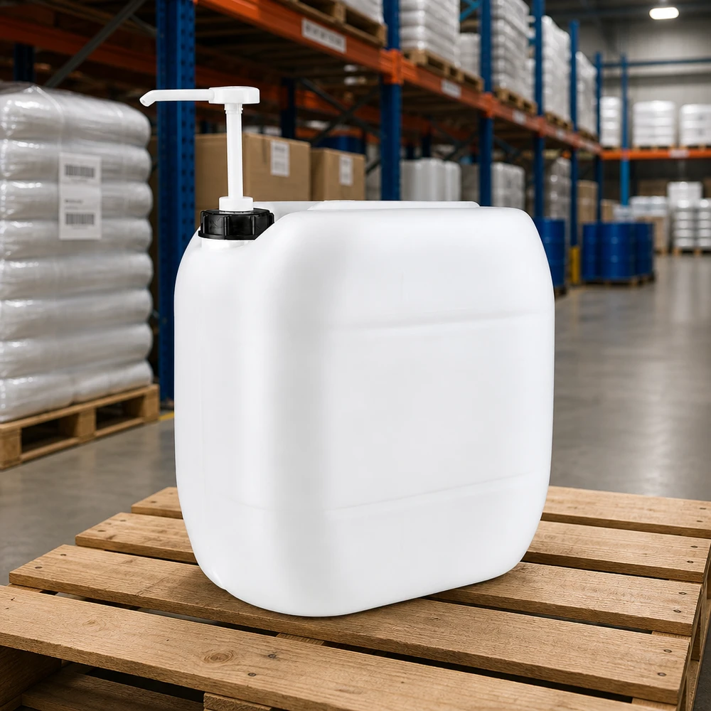 Jerrican de 30 litres avec pompe doseuse Bidon carré en plastique de 30 litres avec pompe doseuse, sur une palette en bois, en stock