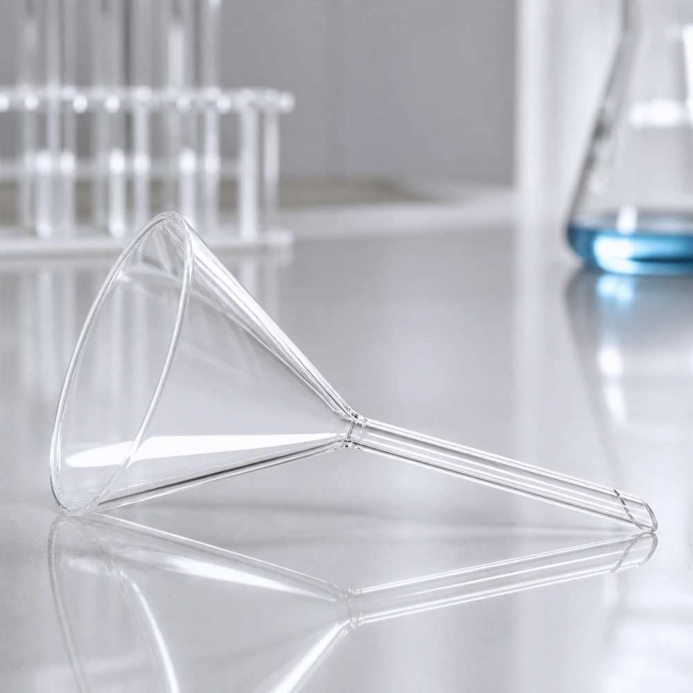 Entonnoir Ø 85mm - verre borosilicate 3.3 - angle 60° Entonnoir en verre transparent 85mm avec manche court pour les applications chimiques en laboratoire