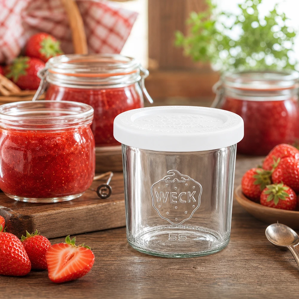 WECK Pot de conservation 140ml avec fraises et confiture sur table en bois - Pot renversé RR60 pour confitures et pâtes à tartiner