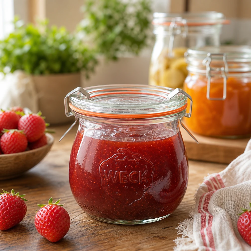 75ml bocal tulipe complet WECK RR40 WECK Pot tulipe 75ml rempli de confiture de fraise dans une scène de cuisine rustique avec des fraises fraîches et des pots de confiture
