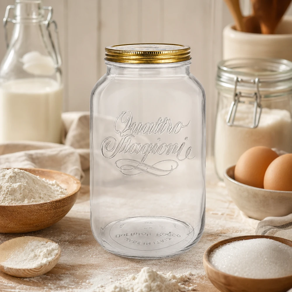 3800ml verre rond « Quattro Stagioni » avec couvercle Quattro Stagioni 3800ml bocal rond dans une cuisine rustique entouré d'ingrédients de boulangerie farine œufs et lait bocal de stockage