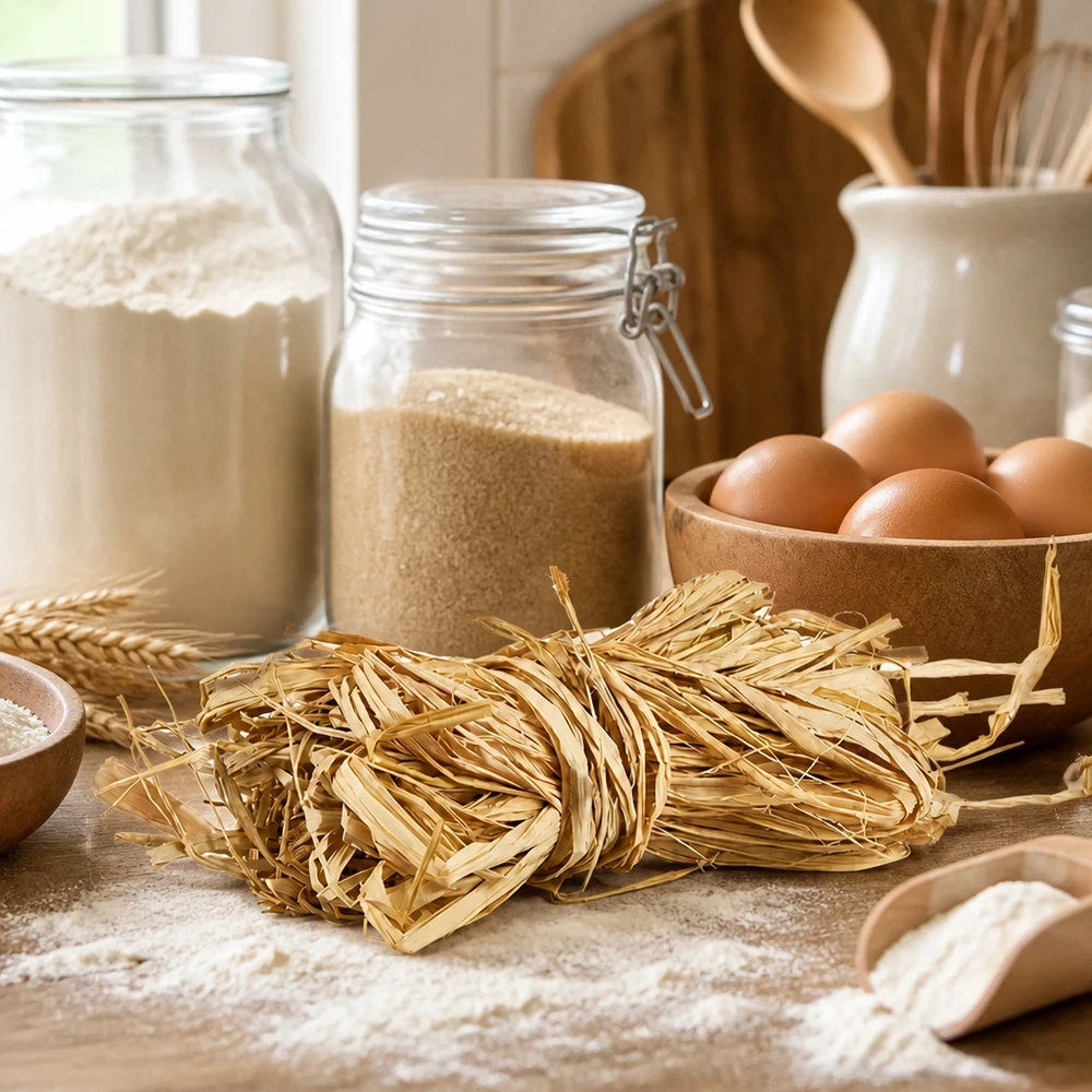 Ficelle naturelle pour la décoration, 30 g Le raphia naturel 30g beige doré comme aide culinaire pour les paquets de pâtes en plus des œufs et de la farine montre une utilisation traditionnelle