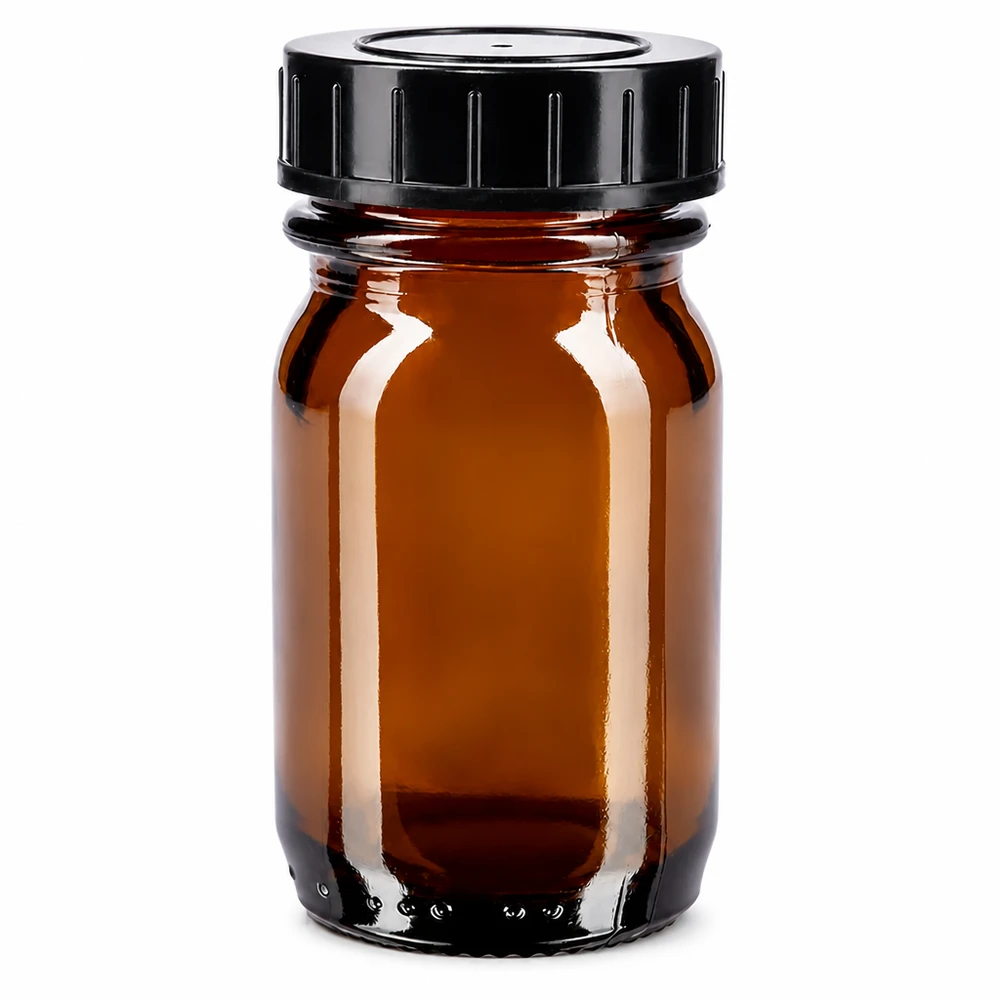 Bouteille à col large de 30 ml en verre brun avec bouchon à visser noir pour une conservation sûre
