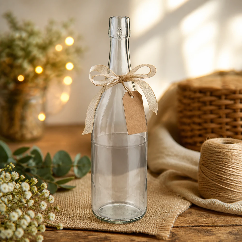 Bouteille en verre 750ml UNiTWIST décorée avec un ruban et une étiquette cadeau mise en scène rustique Matériel de bricolage Jute