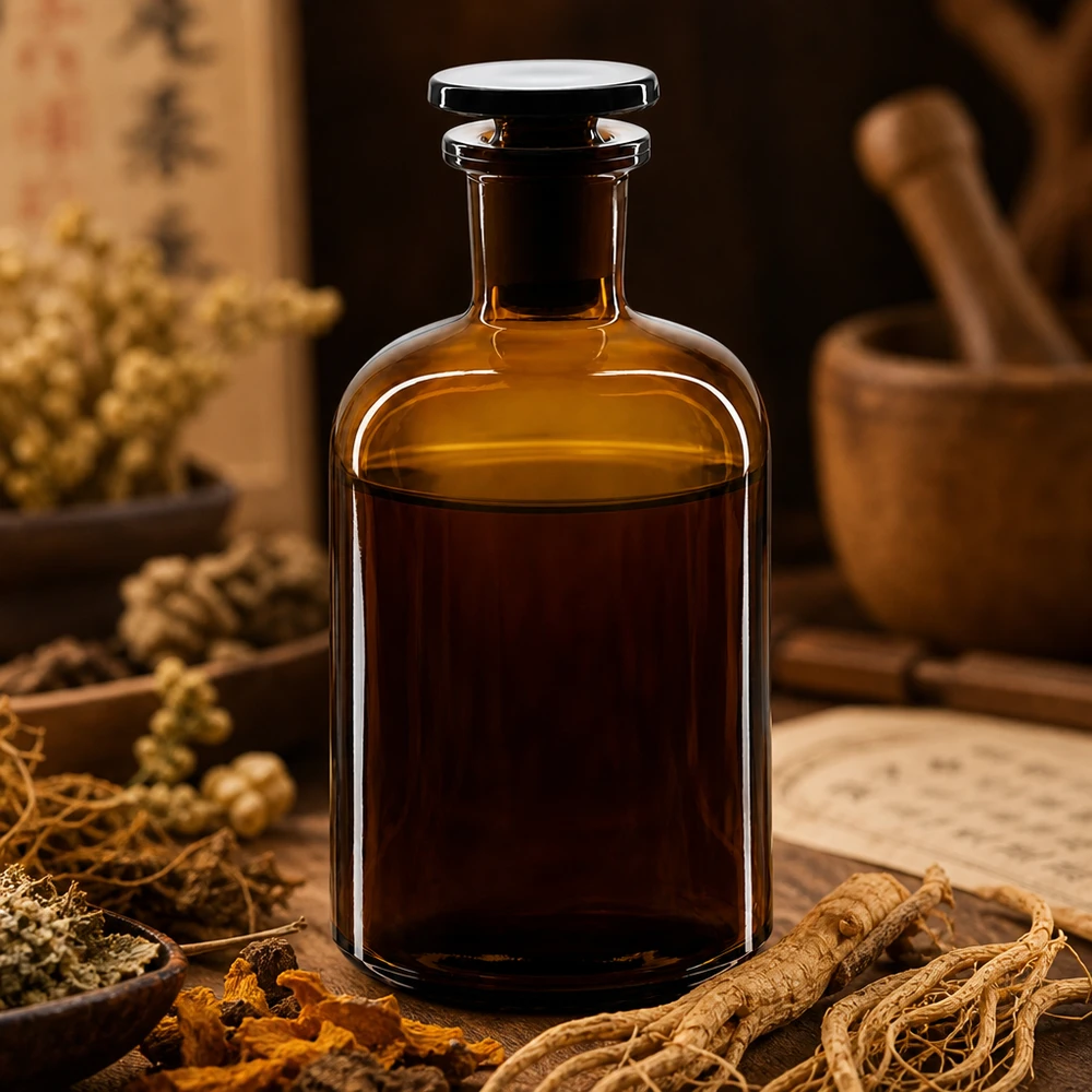 Flacon pharmaceutique 250 ml col étroit en verre ambré + bouchon Bouteille à épaulement arrondi de 250 ml, de couleur marron, à col étroit et bouchon en verre, destinée aux plantes médicinales traditionnelles