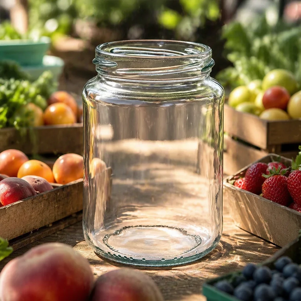 Bocal rond vide UNiTWIST Runda382 382ml TO66 Pot de conservation sur table en bois avec fruits et légumes frais en arrière-plan