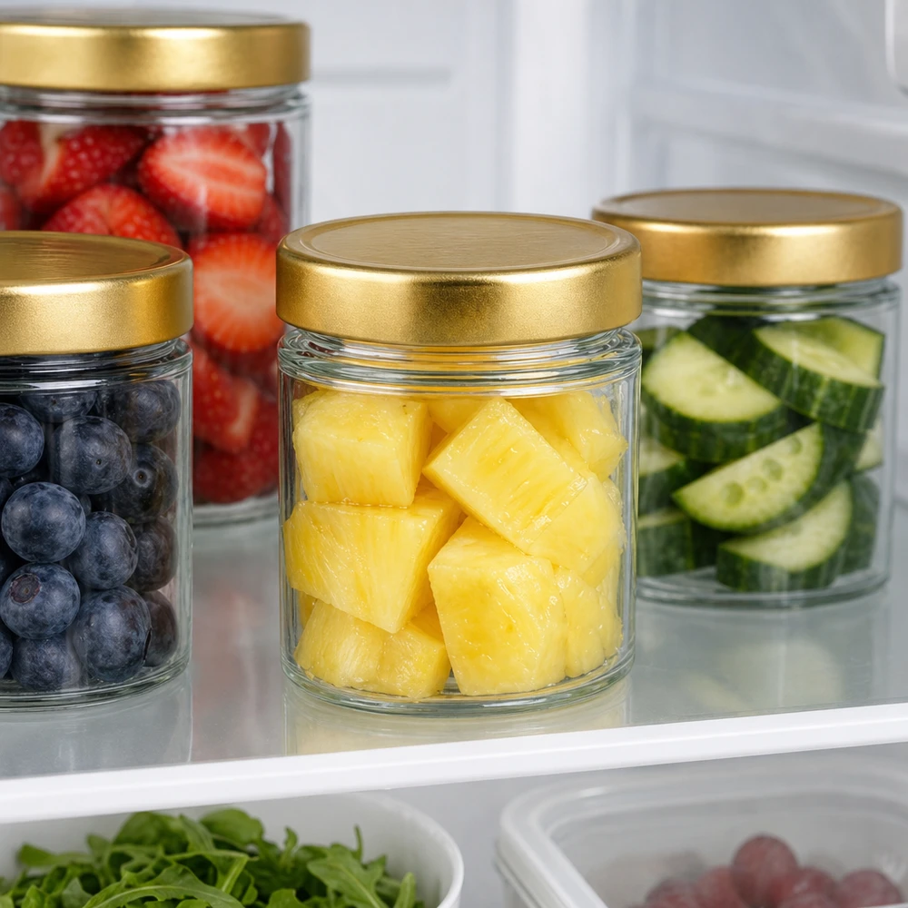 154ml Verre rond avec couvercle BasicSeal or UNiTWIST 154ml Rundglas BasicSeal gold im Kühlschrank mit Obst Ananas Beeren Gurken frische Lebensmittel Meal Prep Aufbewahrung