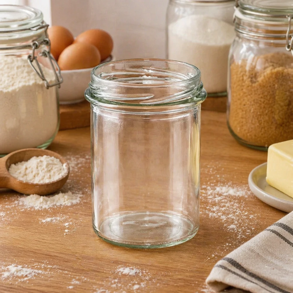 UNiTWIST Sturz230 Verre renversé 230ml TO66 vide sur table en bois entre les ingrédients de cuisson, la farine, les œufs et les bocaux de conservation