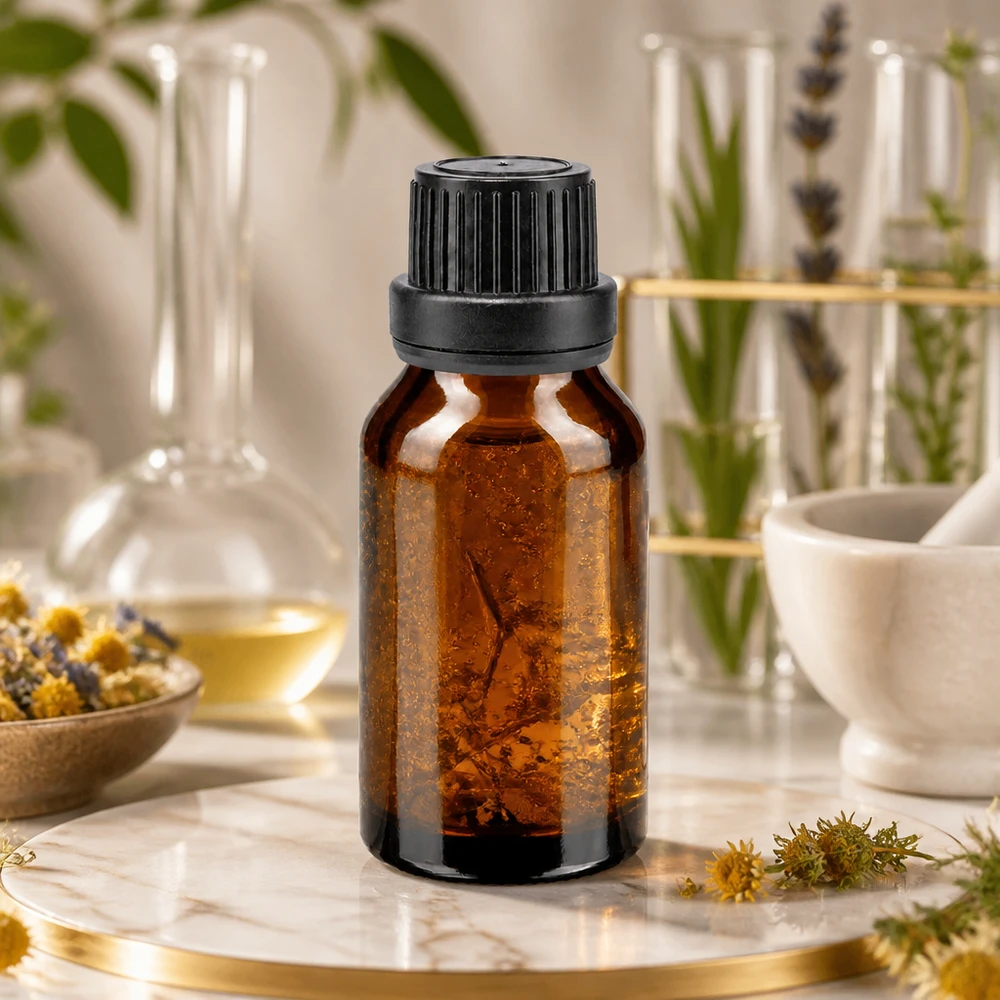 flacon à pharmacie brun 15ml bouchon inviolable 2mm noir bouchon inviolabilité Flacon en verre ambré de 15 ml muni de son bouchon d'origine noir, posé sur du marbre, entre des plantes médicinales et du matériel de laboratoire