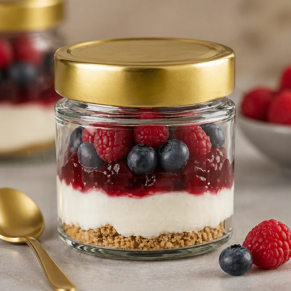 154ml Verre rond avec couvercle BasicSeal or UNiTWIST 154ml Verre rond BasicSeal or rempli de dessert Yaourt Baies Myrtilles Framboises Crumble Dessert en couches