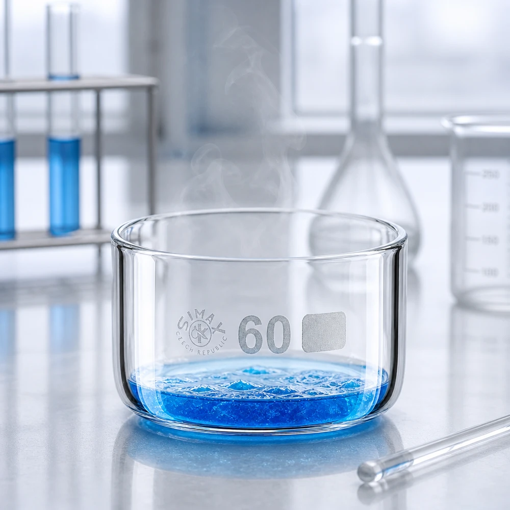 Coupelle de cristallisation Simax de 60 ml contenant un liquide bleu et d'où s'échappe de la vapeur, dans un laboratoire