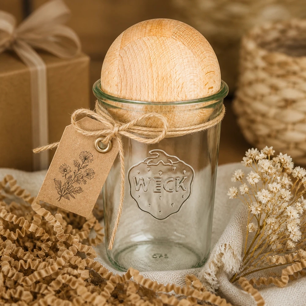 850ml bocal conique WECK RR100 avec boule en bois en hêtre WECK RR100 Verre renversé 850ml avec boule en bois de hêtre comme idée de cadeau, décoré avec du papier de bricolage et des fleurs séchées