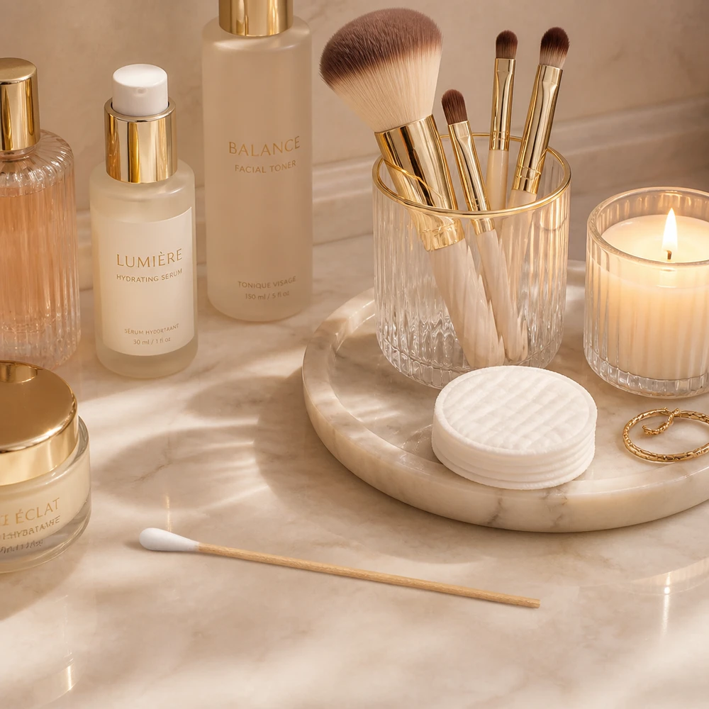 Écouvillon NON STÉRILE Cotons-tiges non stériles à tige en bois posés sur un support en marbre, à côté du sérum hydratant Lumière et de la lotion tonique Balance