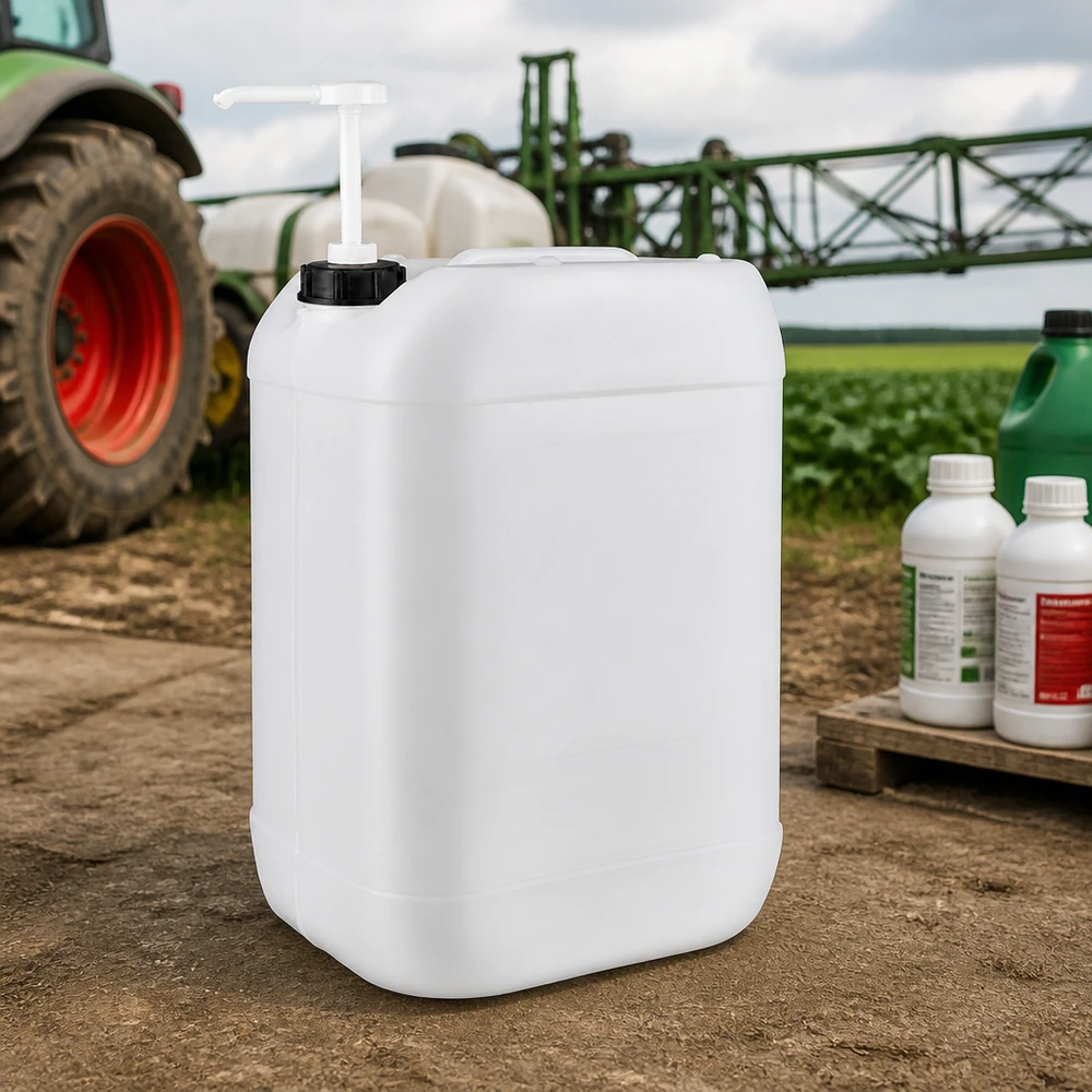 Jerrican de 25 litres avec pompe doseuse Bidon agricole de 25 litres équipé d'une pompe doseuse, attelé à un tracteur et à un pulvérisateur agricole dans une exploitation agricole