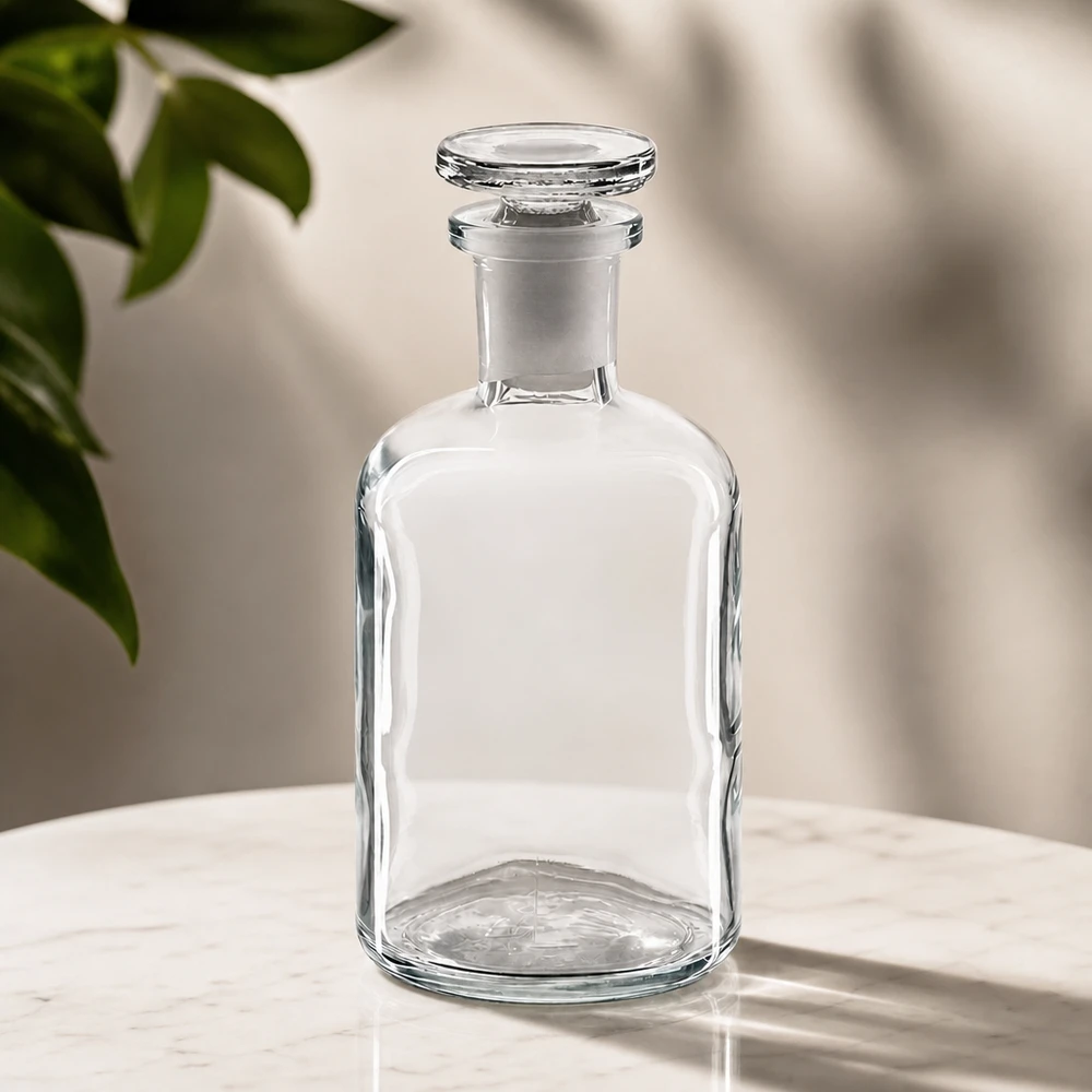 Bouteille à épaules arrondies de 100 ml en verre transparent, à col étroit et bouchon rond en verre, posée sur du marbre