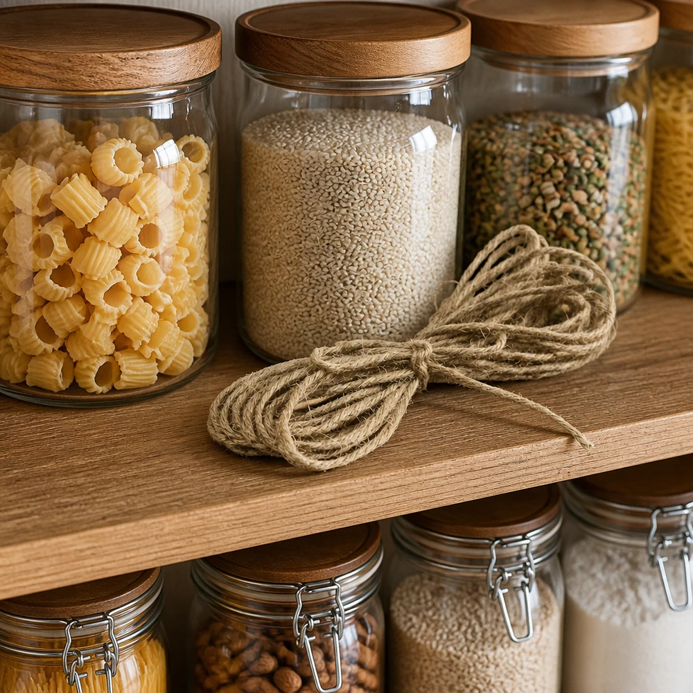 Cordon naturel de jute 300cm décoratif dans la cuisine avec des boîtes en verre et des étagères en bois comme décoration naturelle
