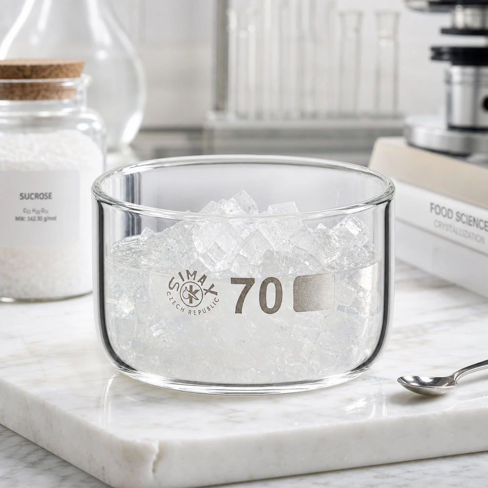Coupelle de cristallisation 100 ml sans bec verseur Coupelle cylindrique plate en verre de 70 mm de diamètre, remplie de cristaux de sucre, à côté d'un verre contenant du saccharose