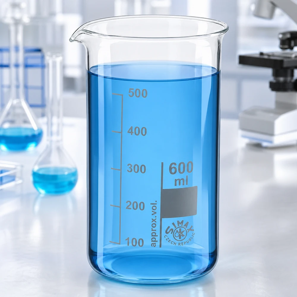 Bécher 600ml en verre borosilicate résistant à la chaleur (forme haute) Bécher de laboratoire transparent de 600 ml, de forme haute, contenant un liquide bleu, posé sur une paillasse blanche