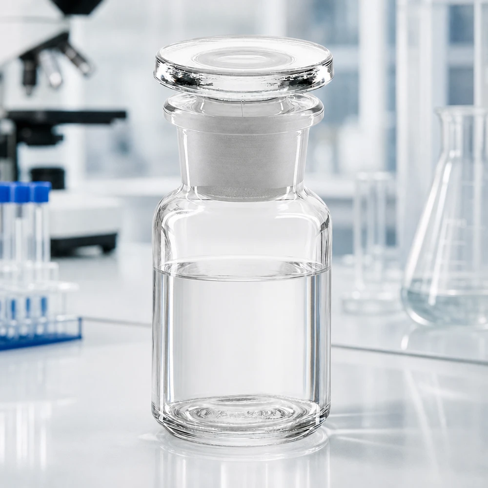 Bouteille à épaulement arrondi de 50 ml, transparente, à col large et bouchon en verre, posée sur une paillasse de laboratoire blanche