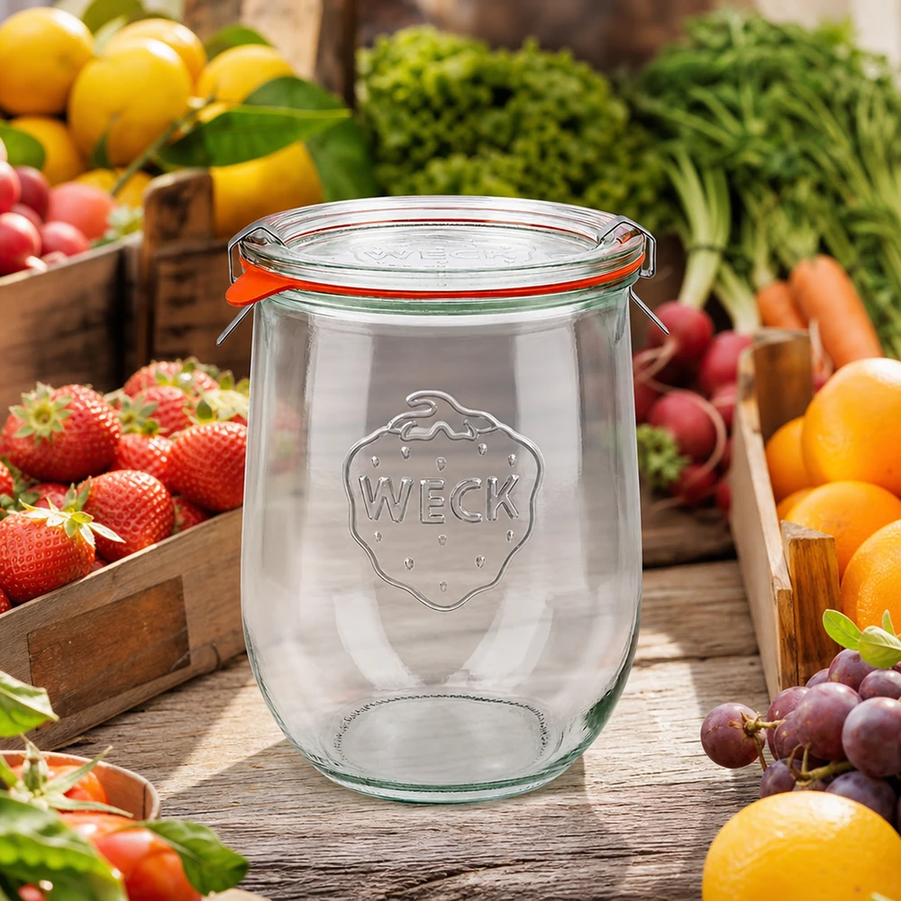 WECK Pot tulipe 1062ml RR100 avec fermeture à étrier au milieu de fruits et légumes frais sur table en bois Stand de marché