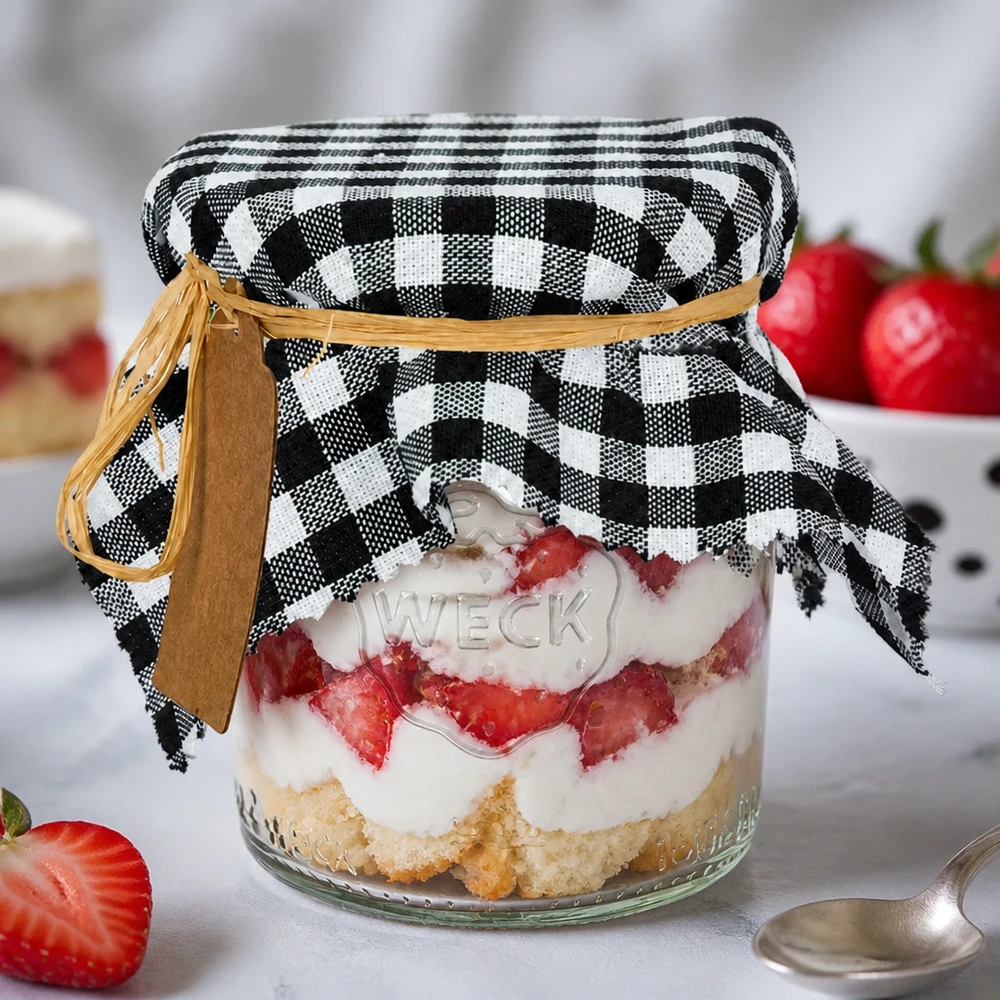 Couvercle décoratif à carreaux noirs et blancs sur verre à dessert avec fraises et crème Décoration rustique 15cm anguleux