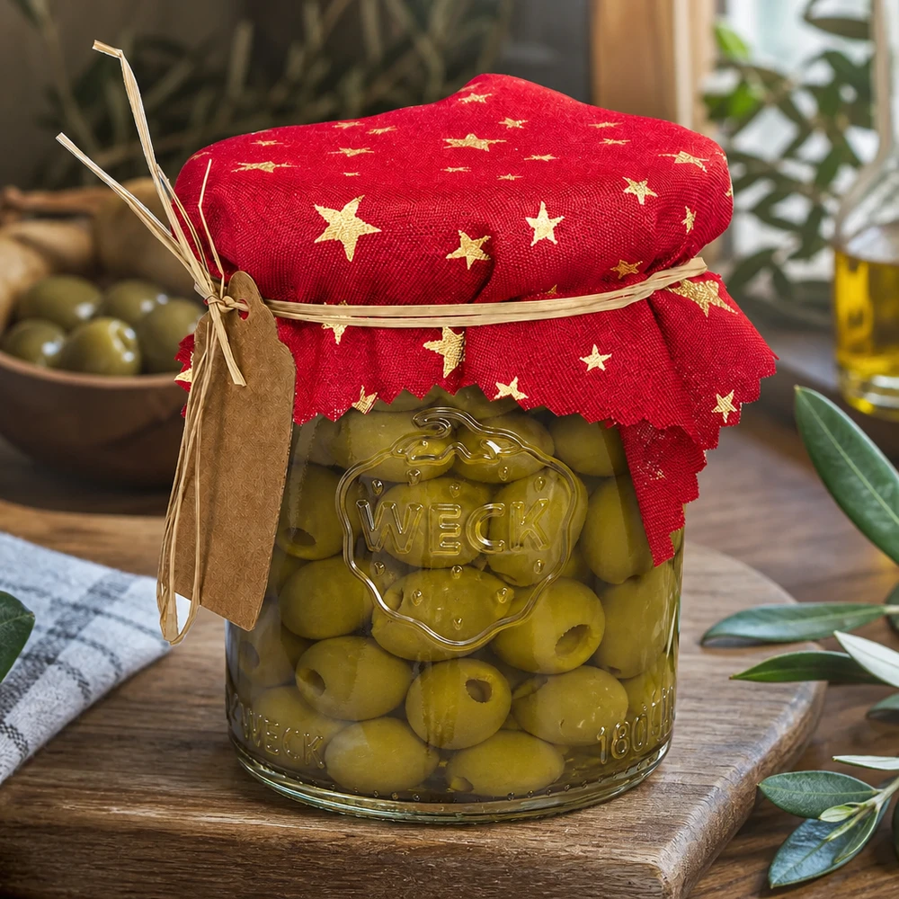 Tissu napperon rouge motif étoiles 12cm sur verre à olives décoration de cuisine méditerranéenne bocal avec pendentif