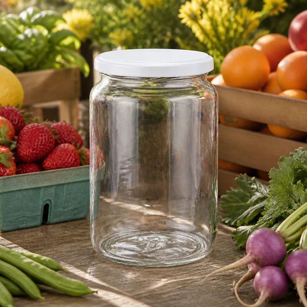 Klares 795ml Rundglas mit weißem Deckel inmitten von frischem Obst und Gemüse - perfekt für Marmelade und Eingemachtes