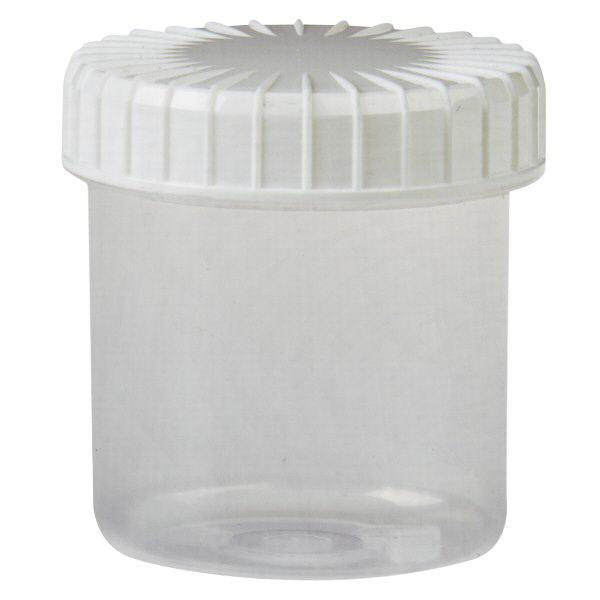 Pot en plastique transparent 75 ml + couvercle à vis blanc strié en PE, fermeture standard Pot en plastique transparent 75 ml + couvercle à vis blanc strié en PE, fermeture standard