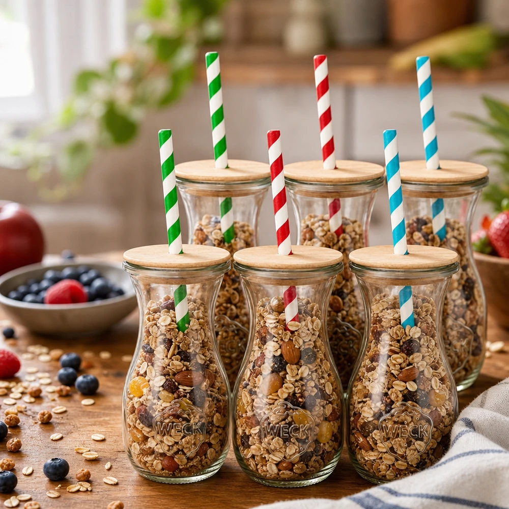 Bocal conique WECK 290 ml (1/5 L) avec couvercle WECK Bouteilles de jus 290ml remplies de noix de céréales comme bocaux de stockage Couvercle en bois Paille en papier multicolore Décoration de cuisine