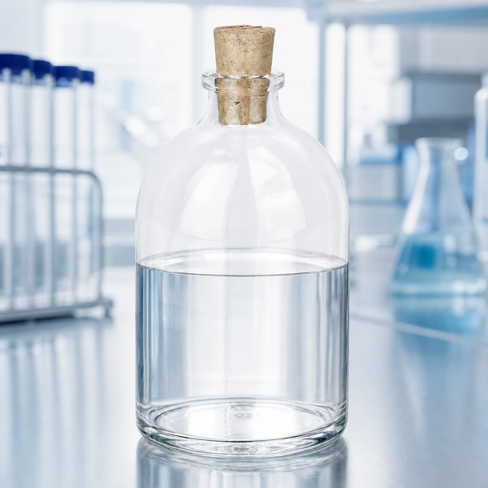 Handliche Glasflasche 100ml Korkverschluss auf Edelstahloberfläche in professioneller Laborumgebung