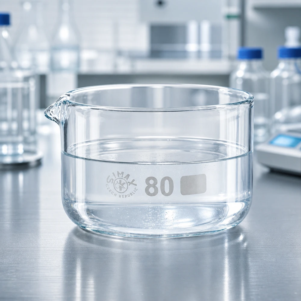 Coupelle de cristallisation 150 ml avec bec verseur Cuve de cristallisation cylindrique basse de 150 ml avec bec verseur, posée sur une surface en acier inoxydable dans un laboratoire