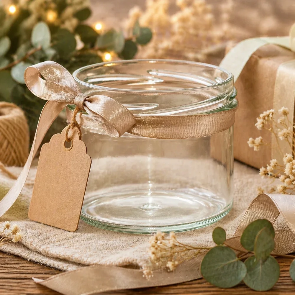 UNiTWIST Sturz225 Verre renversé 225ml TO82 vide avec ruban doré et étiquette cadeau sur table en bois rustique