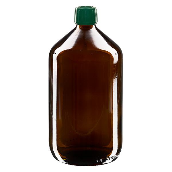 Flacon médical 1000 ml couleur ambrée avec bouchon verte Flacon médical 1000 ml couleur ambrée avec bouchon verte