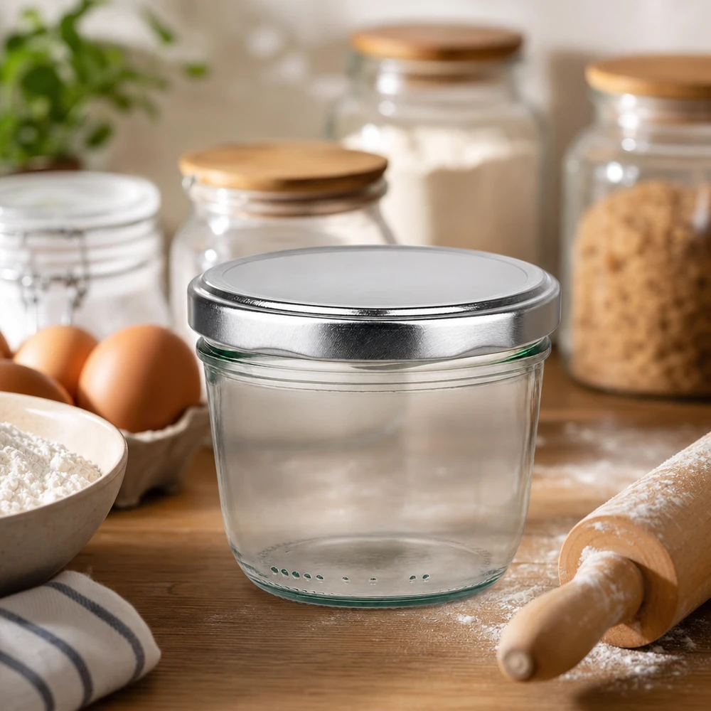 230ml Verre conique avec couvercle BasicSeal argent UNiTWIST 230ml verre renversé argent BasicSeal couvercle dans environnement de boulangerie avec farine oeufs rouleau à pâtisserie ingrédients de cuisson atmosphère de cuisine