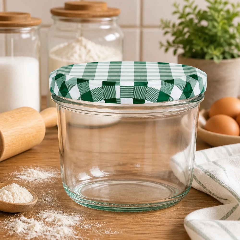 230ml Verre conique avec couvercle BasicSeal vert/blanc UNiTWIST Pot vide 230ml BasicSeal couvercle vert et blanc à carreaux Scène de cuisine Farine Oeufs Planche en bois Pot de conservation