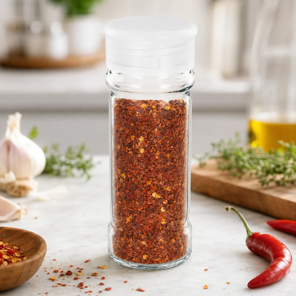 Pot à épices de 100 ml rempli de flocons de piment, avec un couvercle verseur blanc