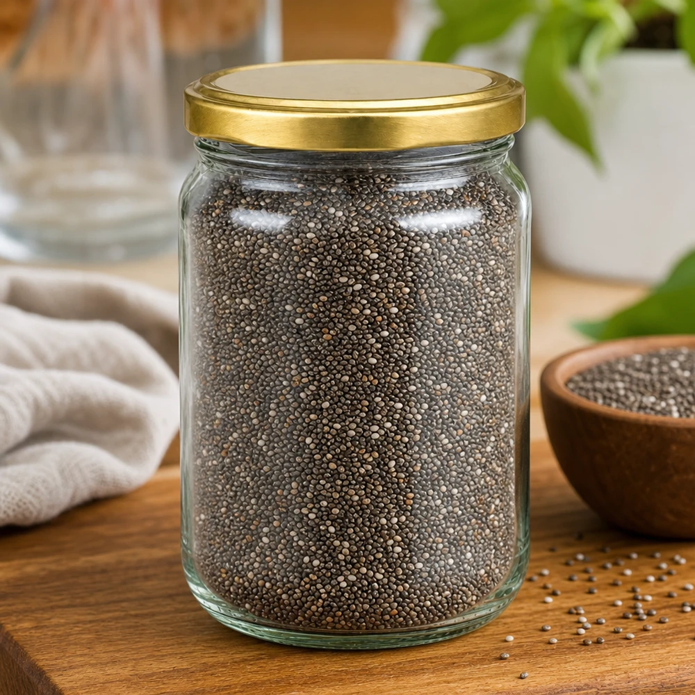 305ml Verre rond avec couvercle BasicSeal or UNiTWIST 305ml Rundglas UNiTWIST mit goldenem Deckel gefüllt mit Chiasamen - praktisches Vorratsglas für Küche