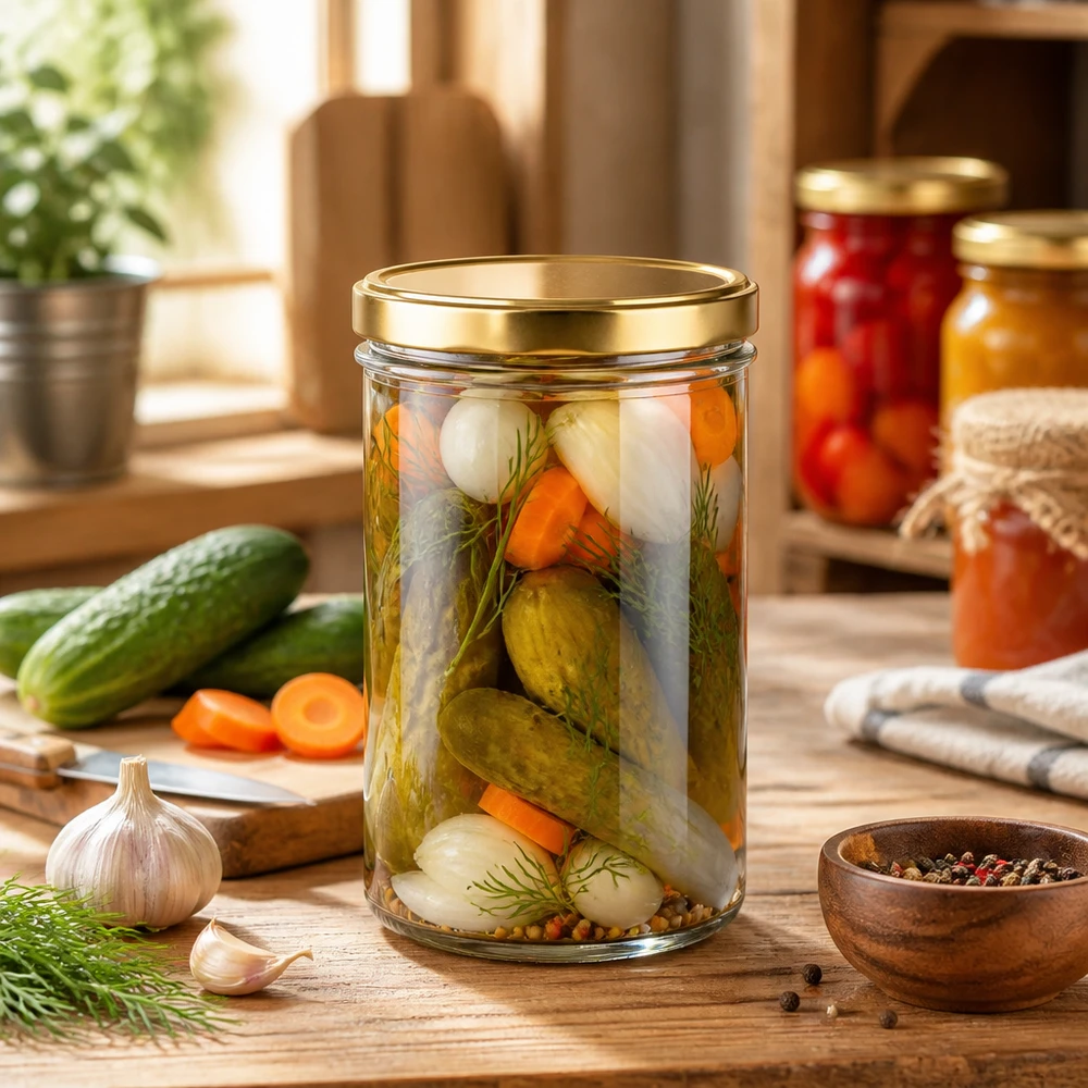 277ml Verre conique avec couvercle BasicSeal or UNiTWIST 277ml bocal doré avec légumes au vinaigre concombres carottes aneth comme bocal pour conserves et pickles