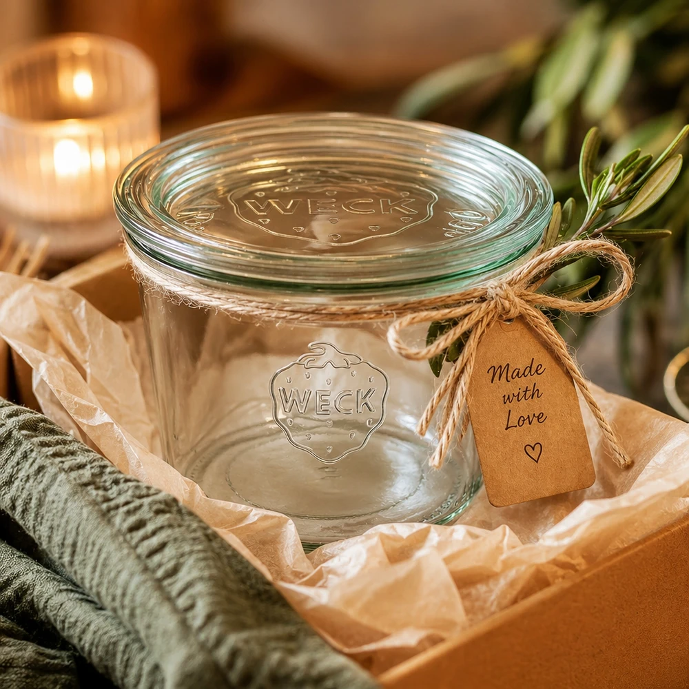 WECK Pot de conservation 370ml RR100 emballé comme cadeau avec ruban en raphia et pendentif Made with Love dans une boîte cadeau