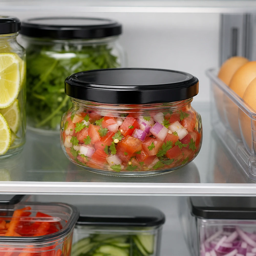 120ml Verre terrine avec couvercle BasicSeal noir UNiTWIST Pot à terrine de 120 ml contenant de la salsa fraîche conservée au réfrigérateur, couvercle noir, Meal Prep et conservation des aliments