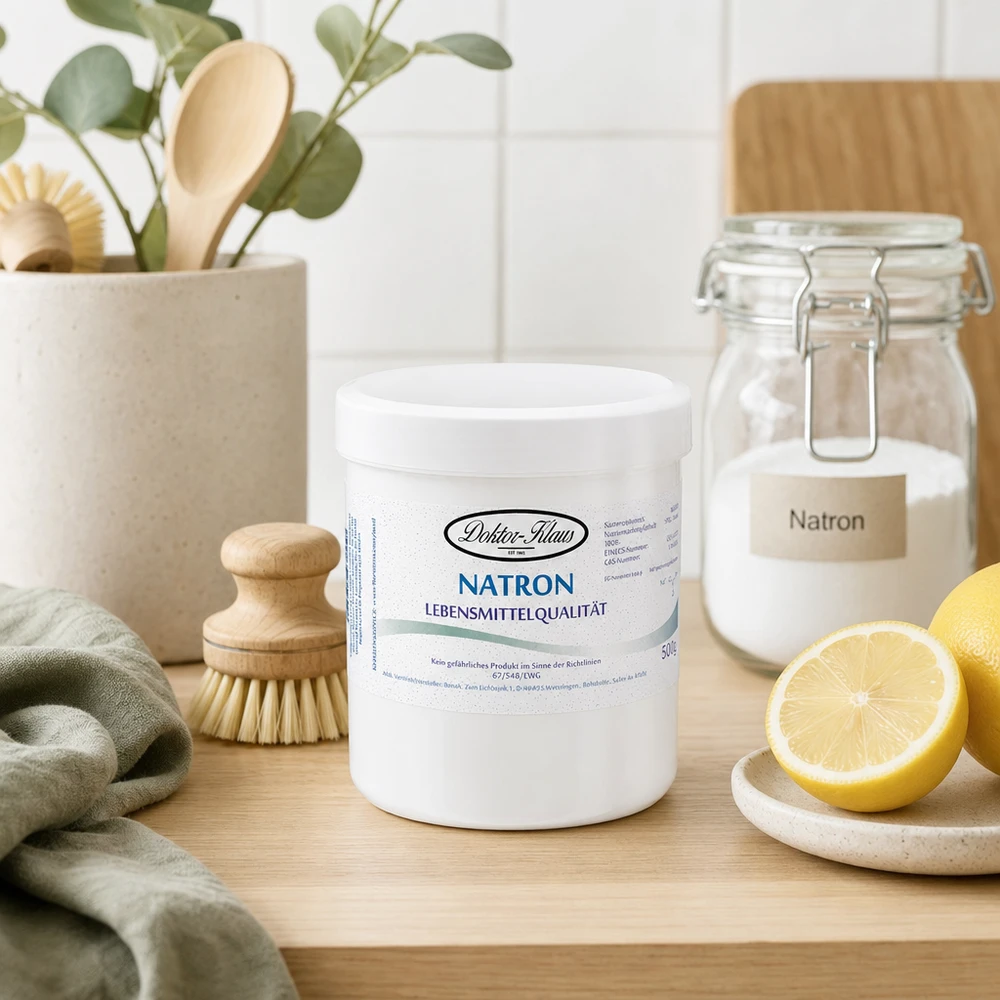 Bicarbonate de soude Doktor Klaus, en boîte blanche de 500 g, apte à l’utilisation alimentaire Bouteille de bicarbonate de soude blanche Docteur Klaus 500g en plastique avec bouchon à vis pour un stockage facile