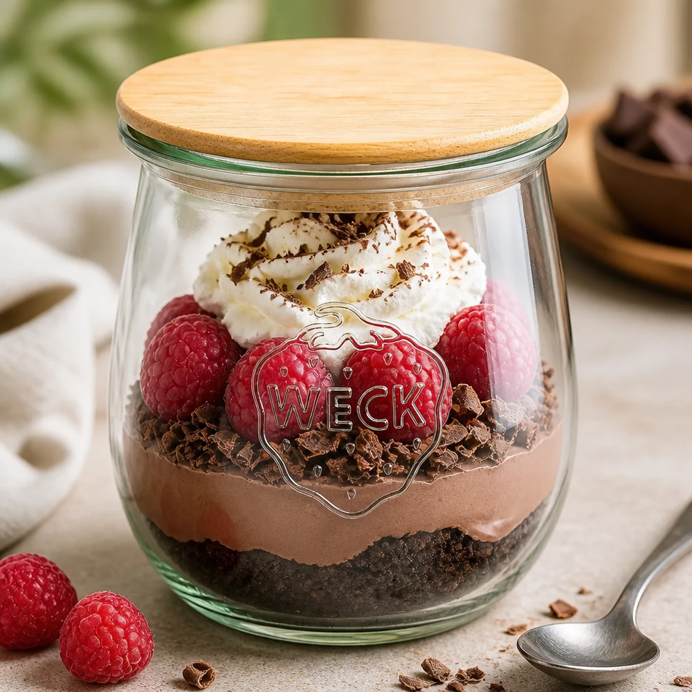 WECK Pot tulipe 220ml RR60 avec couvercle en bois comme pot à dessert - Mousse au chocolat avec framboises et crème dans un pot de conserve