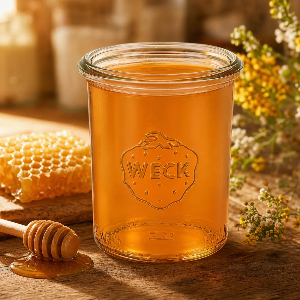 160ml verre renversé WECK RR60 rempli de miel sur table en bois avec nid d'abeille et cuillère à miel décoration naturelle